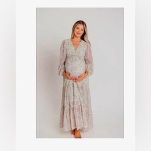 Tristen Long Sleeve Button-Up Chiffon Maxi Dress in Dusty Sage- Bump and Nursing